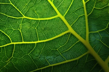 Detailed macro shot of a fig leaf showcasing its complex veins and bright green texture lit by natural light