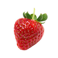 Single ripe strawberry, vibrant red, detailed skin texture, green stem and leaves, isolated on black background