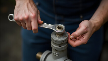 Construction Close-up action of man with wrench over valve, shown from above, isolated to emphasize technical handwork and safety gear