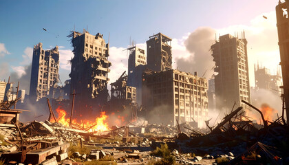 Postapocalyptic city ruins with burning.