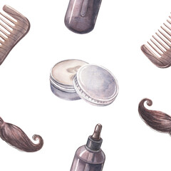 Metal screw-top wax tin, oil bottle, and mustaches, seamless retro pattern. Hand-painted watercolor illustration isolated on white background for barbershop branding, printing on packaging and textile