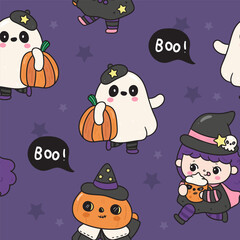 halloween seamless pattern with ghost pumpkin jack o lantern and witch kawaii character cartoon