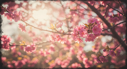 Obraz premium Cherry blossoms in bloom with a vintage film overlay look. A dreamy botanical background with sunlight filtering through pink flowers.