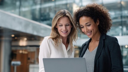 A photo of two business women smiling while looking at the laptop screen in an office building, with blurred background and natural light