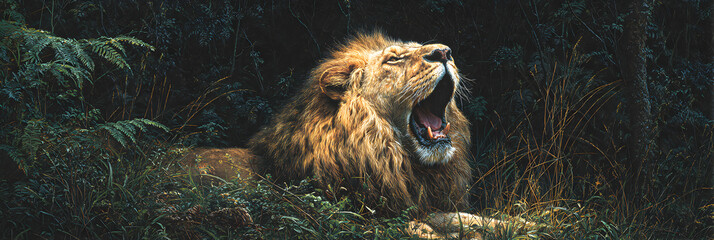 Majestic Calm: Capturing the Yawn of the Jungle's Mighty King Beneath the Sunlit Canopy of Nature