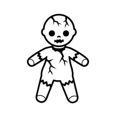 Illustration of a creepy cracked doll with dark eyes silhouette