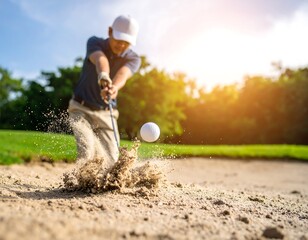 Golfer hitting golf ball in sand trap