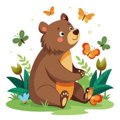 Adorable Cartoon Bear Cub Surrounded by Colorful Butterflies in a Lush Green Meadow © shovonlal