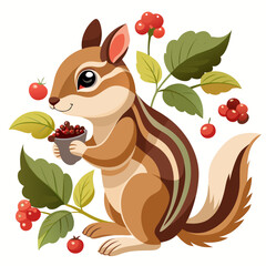 Adorable Cartoon Chipmunk Holding Berries, Autumn Harvest Theme, Childlike Illustration,  Vibrant Colors,  Happy Mood.