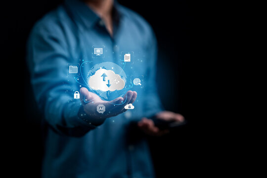 Cloud service for files storage concept. A person holds a digital cloud icon with upload/download arrows, symbolizing cloud computing.  Represent data storage, security, AI, and global connectivity.