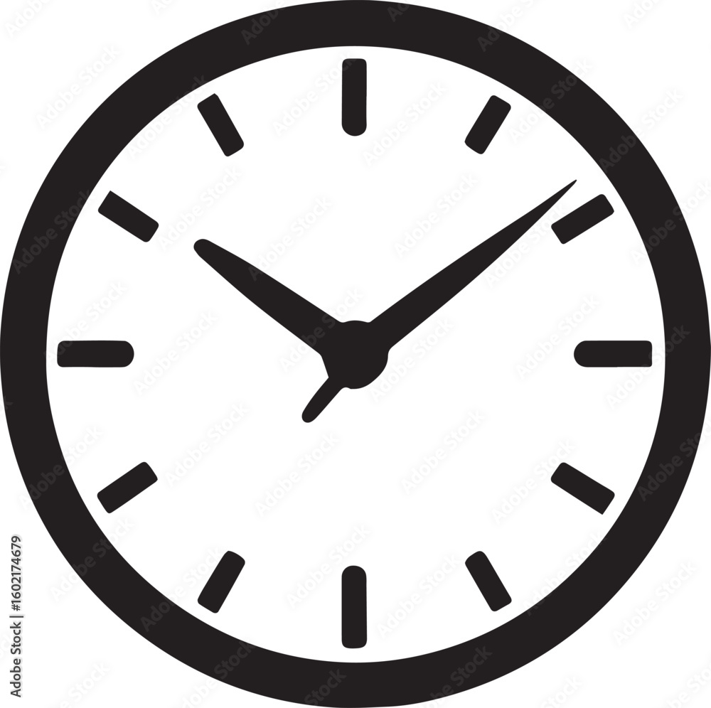 Poster black clock face with hour and minute hands on white background time analog