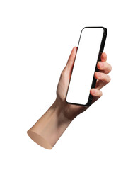 Phone screen mockup shown in hand. Empty display for mobile advertisement. Isolated on white