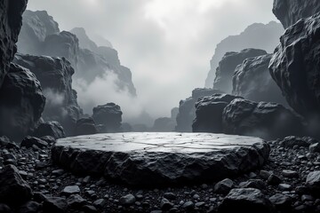 Mysterious Rocky Landscape with Circular Stone Platform and Fog