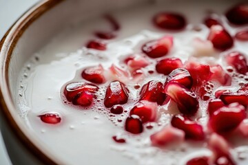 clowe up of bowl of coconut milk and pomegranate seeds on blurred background  Healthy breakfast concert.