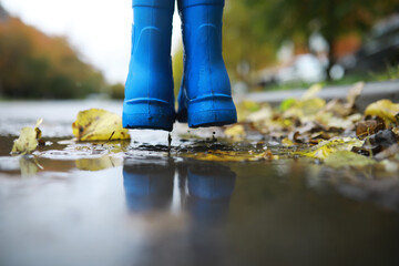 legs of child in blue rubber boots jumping in the autumn puddles
