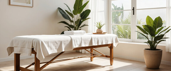 Calming massage room interior with neatly prepared massage table beside lush green plant, soft natural light highlighting white linens, rolled towels, and subtle wooden accents in a neutral spa palet