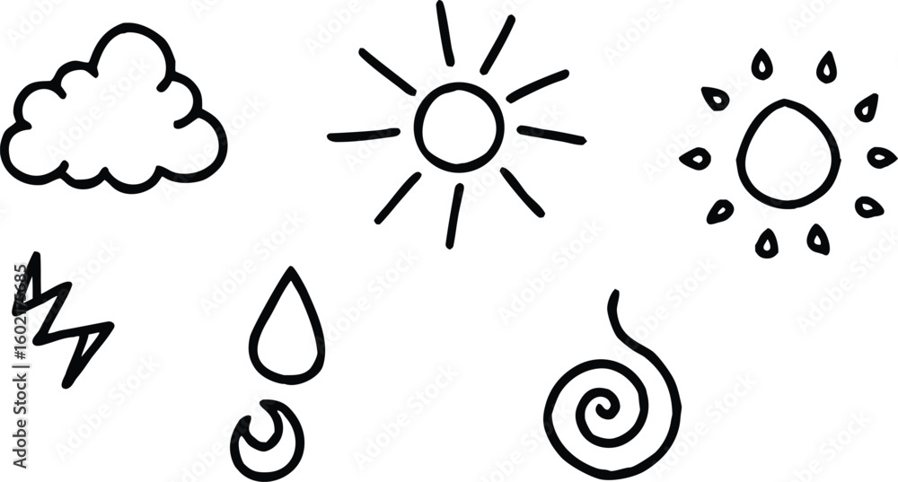 Poster vector art of a simple black and white handdrawn collection of weather icons isolated on transparent
