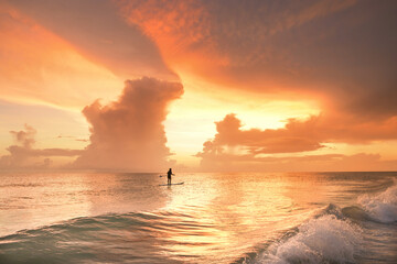 Profile teenage girl paddle board golden sunset Gulf of Mexico