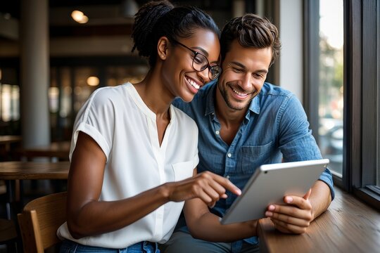 Happy couple using tablet at cafe, interracial relationship, technology and lifestyle