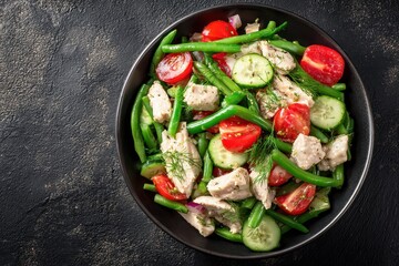 Chicken and cucumber salad with green beans Delicious and filling lunch Overhead view