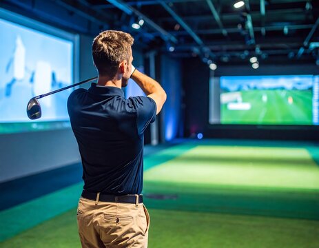 Golfer practicing in indoor golf simulator