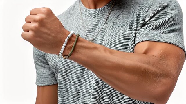 Closeup arm with bracelets and t shirt