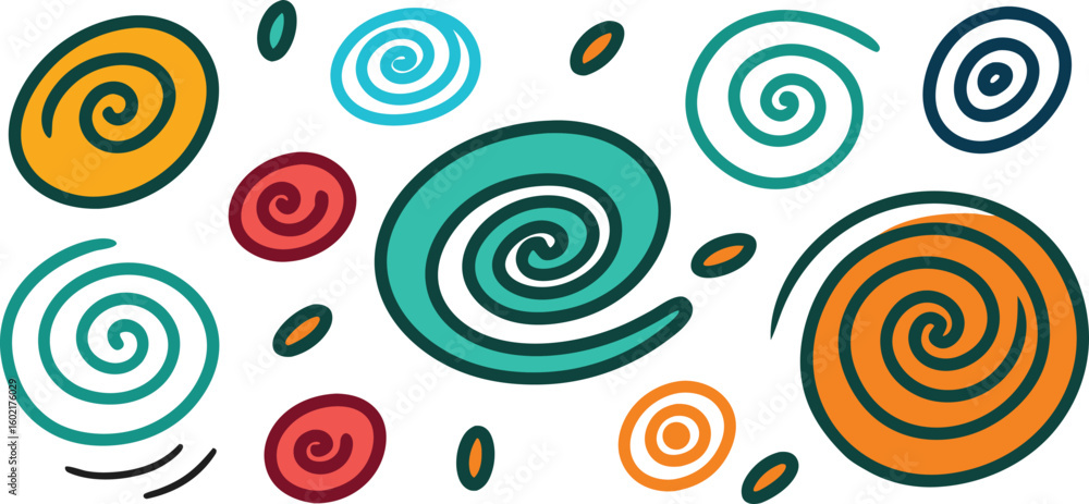 Poster vector art of a vibrant collection of colorful spiral shapes and abstract elements scattered on a tr