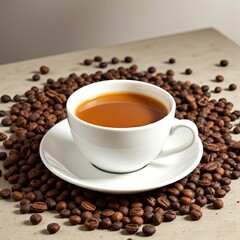 Fototapeta premium Fresh Brewed Coffee in White Cup Surrounded by Coffee Beans