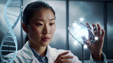 Female Scientist in White Lab Coat Interacting with Dna Helix and Molecular Structure in a Dark Research Laboratory With Dramatic Lighting - Powered by Adobe