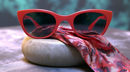 Red sunglasses on stone pedestal and silk scraft.