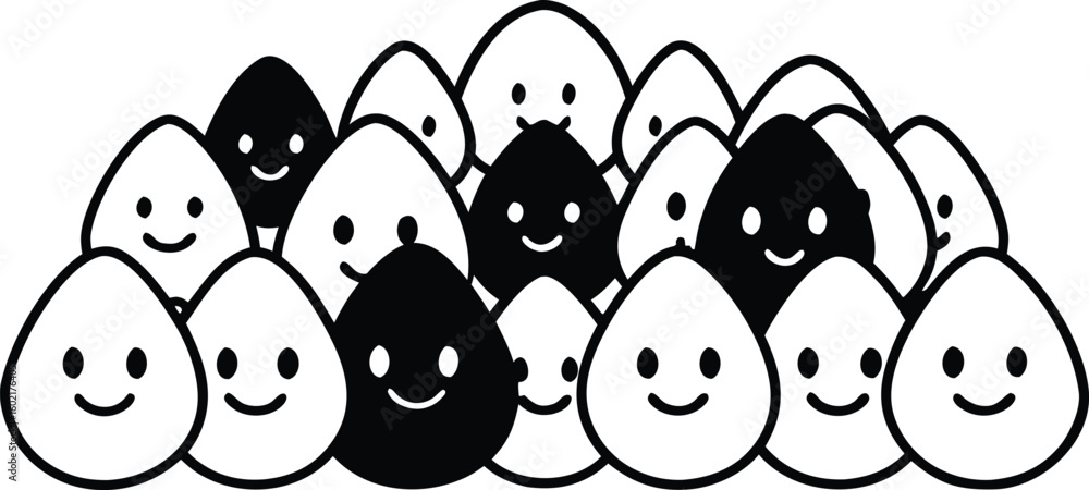 Aufkleber vector art of a diverse group of happy smiling characters in black and white isolated on a transpare