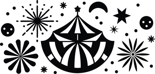 Vector art of a black and white graphic illustration of a circus tent surrounded by stars fireworks and a crescent moon isolated on transparent background.