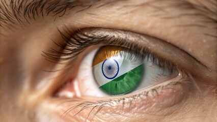 Fototapeta premium An eye reflecting the tricolor flag of India gazing hopefully towards the future with sharp focus