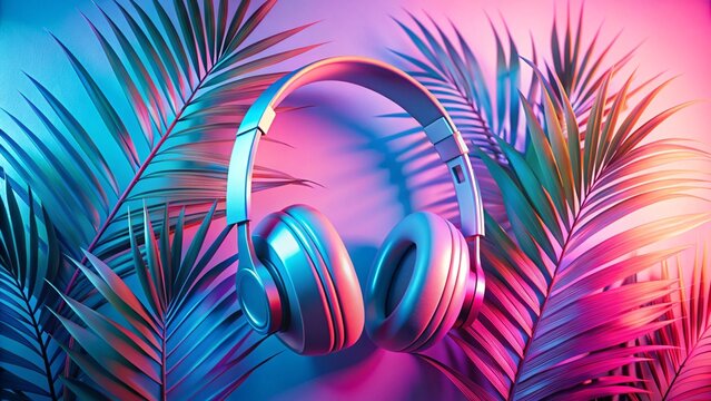 Colorful fractal lights illuminate an abstract background with headphones, perfect for music and audio design
