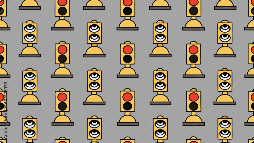 Poster repeating pattern of yellow traffic lights with red and white lights on a gray background design art