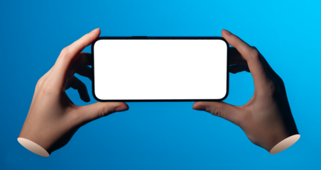 Phone mockup held sideways between hands. Empty screen ready for content. Clean blue background