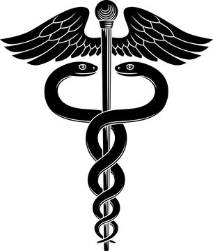 Caduceus symbol of two snakes intertwined around a winged rod. Often associated with doctors, healing and medicine in modern context, though traditionally a symbol of commerce and negotiation.