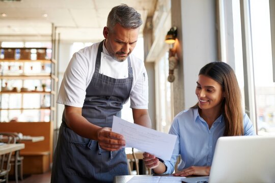 Restaurant manager meeting with chef to review menu and discuss restaurant operations - Powered by Adobe