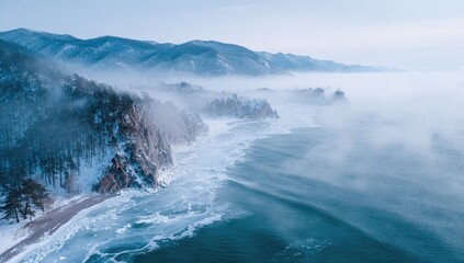 Naklejka premium Misty winter coastline