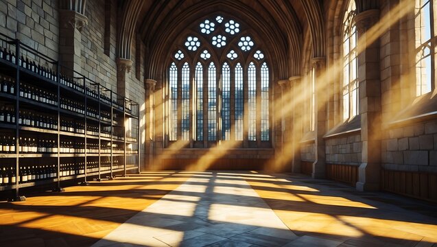 Sunbeams illuminate a grand cathedral interior with gothic architecture and stained glass windows - Powered by Adobe