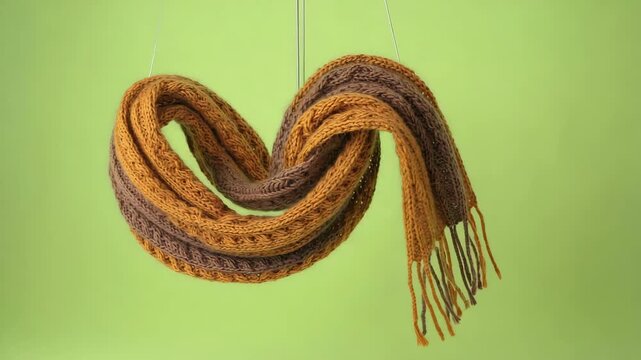 Soft, knitted scarf in warm orange and brown stripes, floating and waving gracefully in mid-air, fully isolated on a green background 