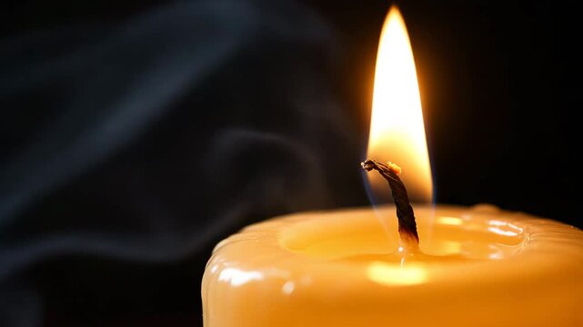 A close-up of a candle flame flickering, then slowly blowing out gentle smoke curls upward as the flame fades the camera slowly zooms in, capturing the moment in detail