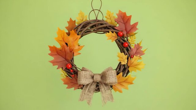 Handcrafted 3D autumn wreath made of interwoven twigs, orange and red leaves, clusters of red berries, and a burlap bow, gently swinging, isolated on a pure green background 