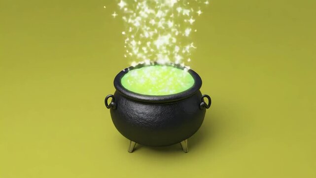 3D glossy black cauldron filled with bright green bubbling potion, wisps of magical vapor rising above, and sparkly stars floating around, fully isolated on a vivid green background 