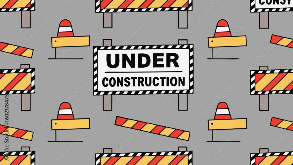 Poster illustration showing a repeating pattern of under construction signs and traffic cones on a gray bac
