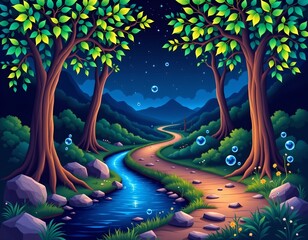 Naklejka premium Serene Nighttime Forest Path with Glowing Bubbles