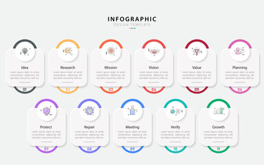 Infographic 11 step timeline journey, calendar Flat simple infographics design template. presentation graph. Business concept with 11 options, number vector illustration.