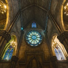 Interior view of a grand Gothic cathedral featuring a magnificent rose window, vaulted ceilings,...
