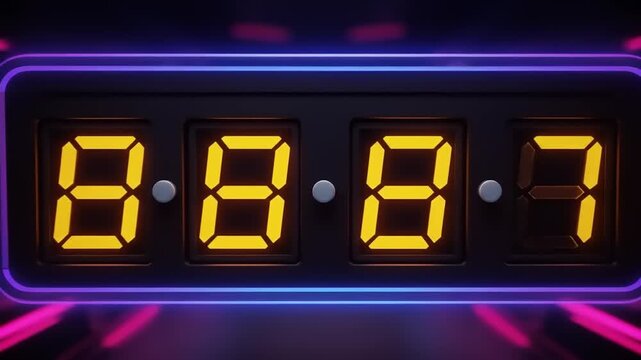 Digital countdown timer displaying four digits in bright orange against a blue neon background