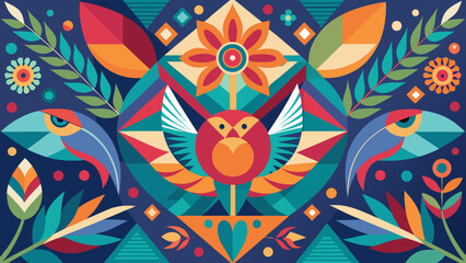 Colorful geometric design featuring birds flowers and leaves in a symmetrical arrangement